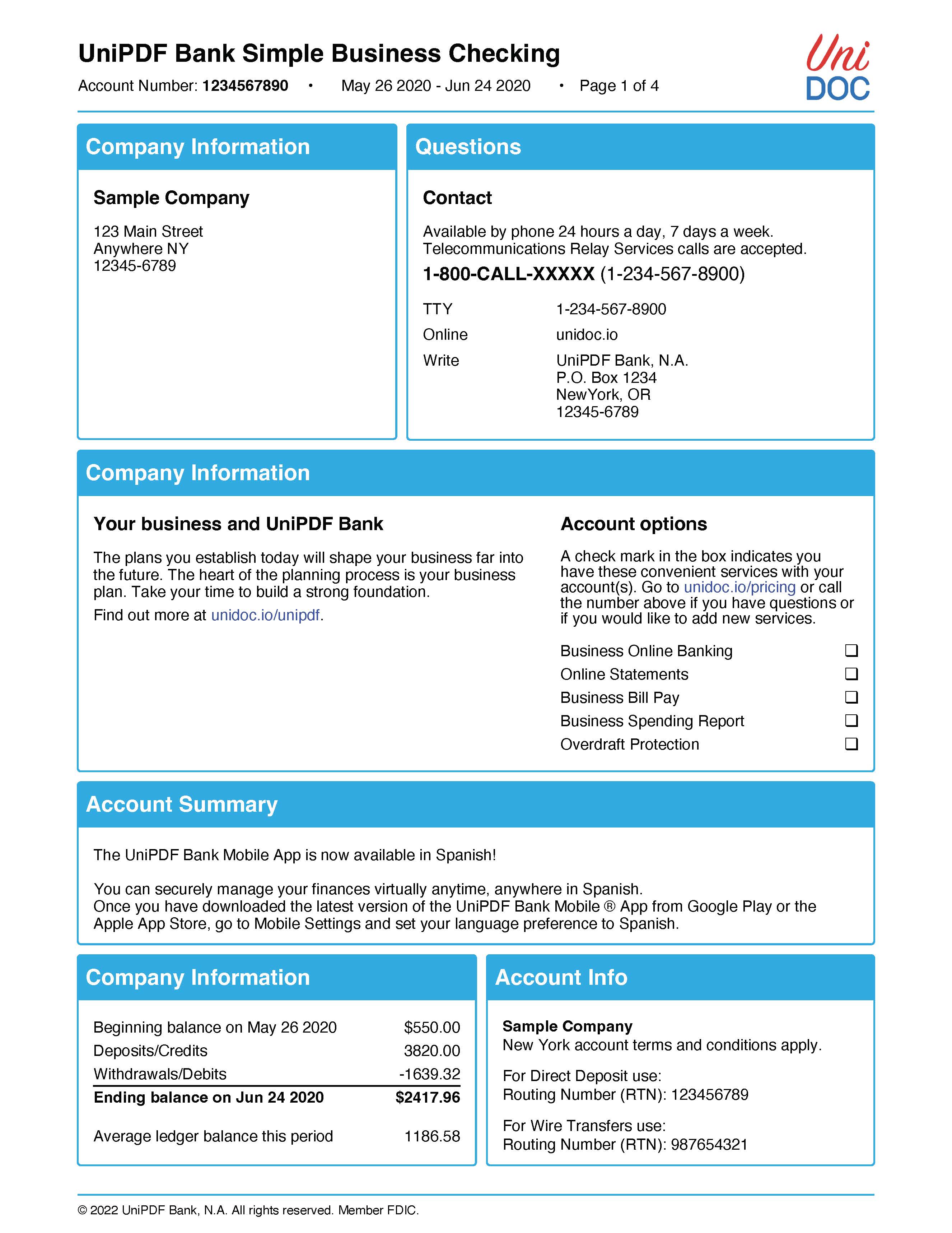 Billing statement example with UniPDF