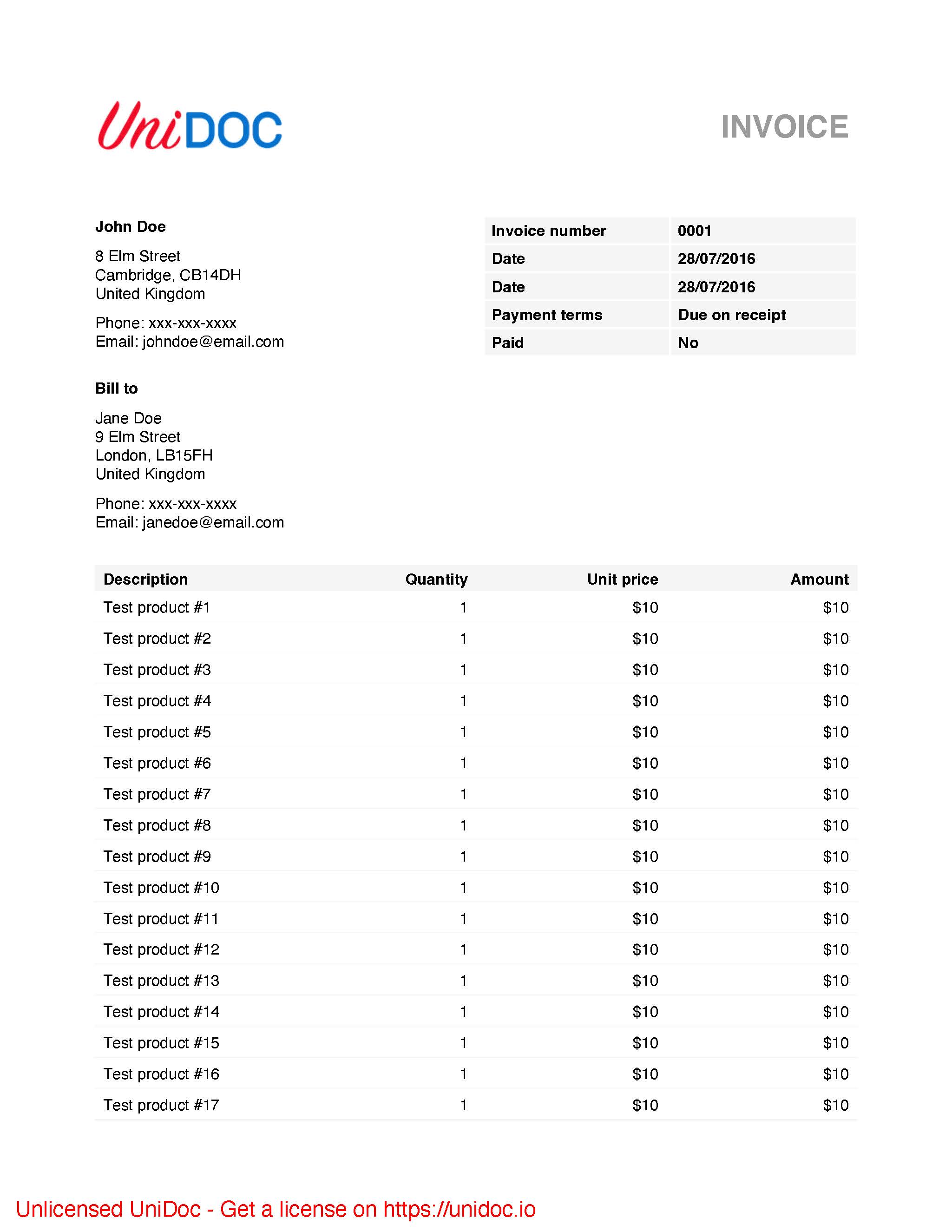 Invoice example with UniPDF