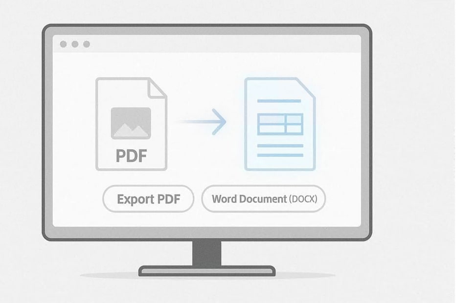 Computer screen showing Adobe Acrobat exporting PDF to Word document for accurate formatting.