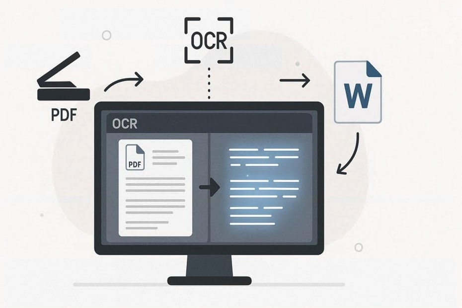 Computer screen showing OCR software converting a scanned PDF into an editable Word file.
