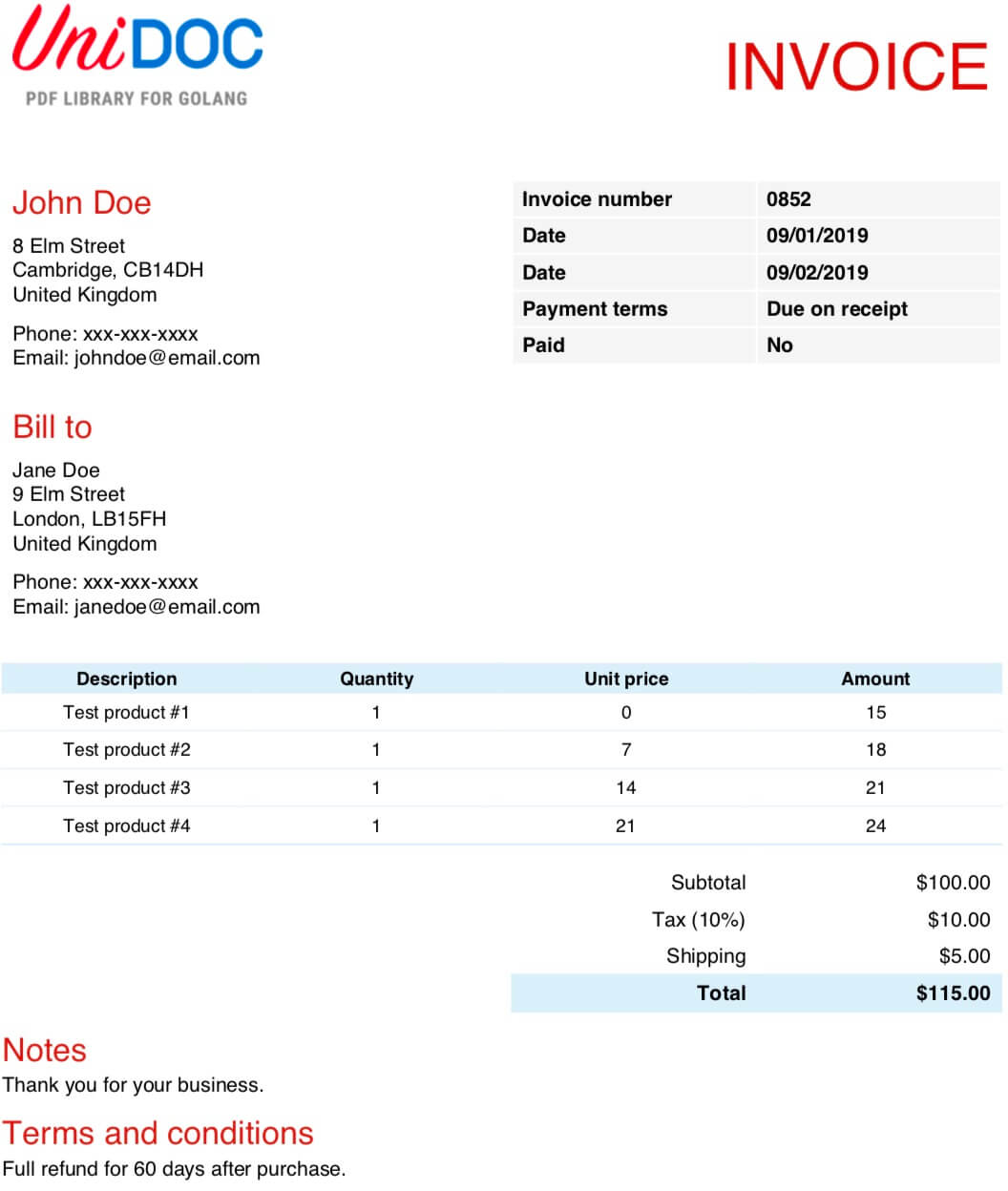Modified PDF invoice