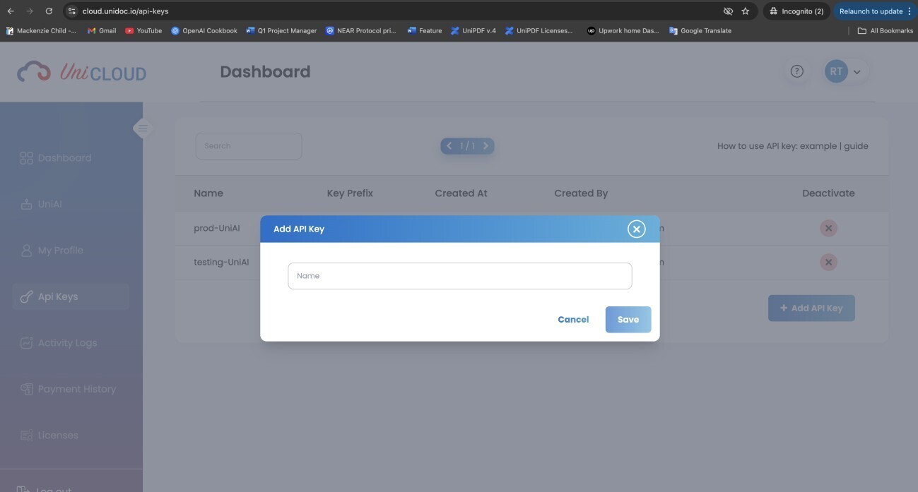 Create UniCloud API key