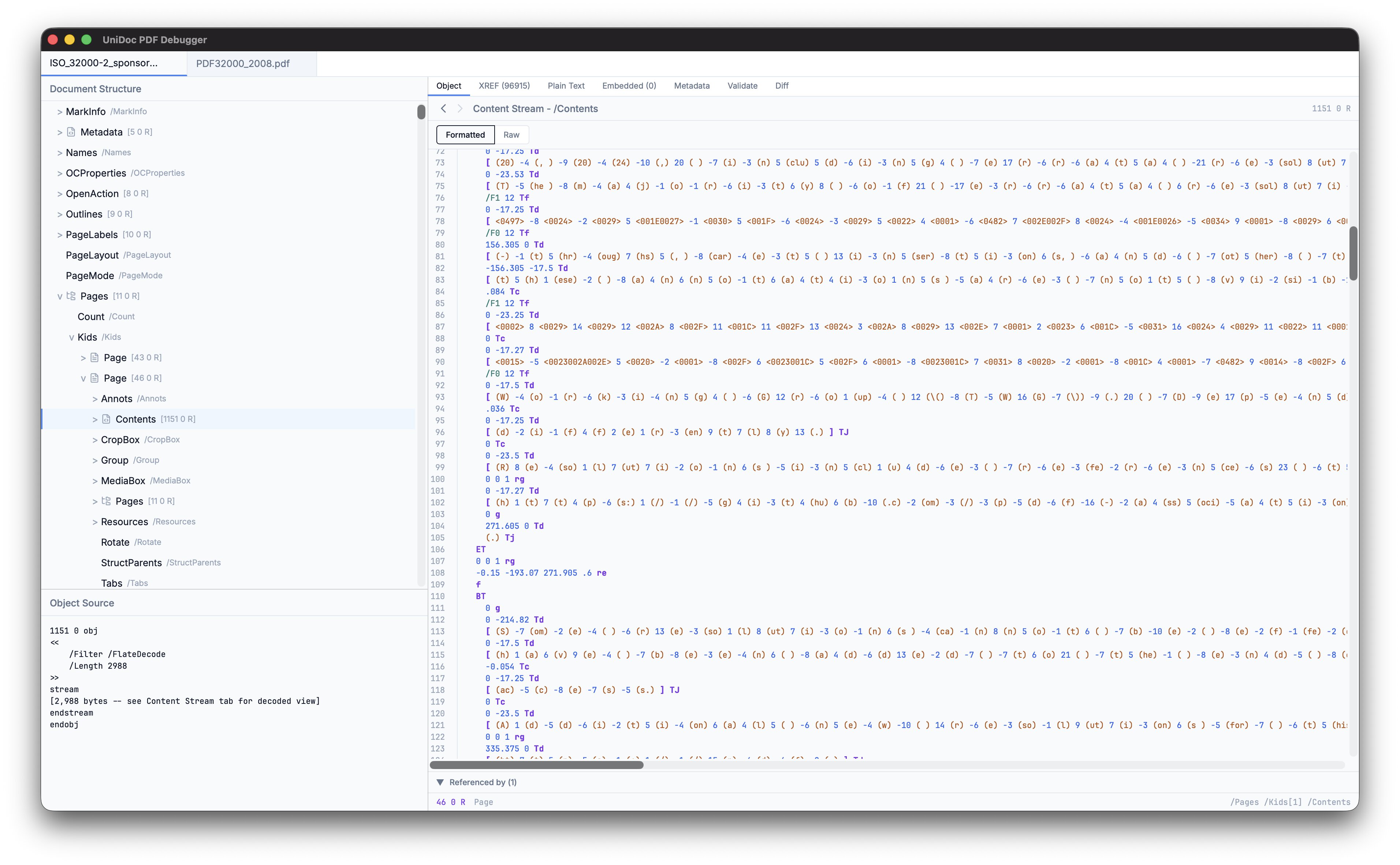 UniDoc PDF Debugger main window: the document structure tree on the left, object properties and stream metadata below it, and a syntax-highlighted content stream on the right.