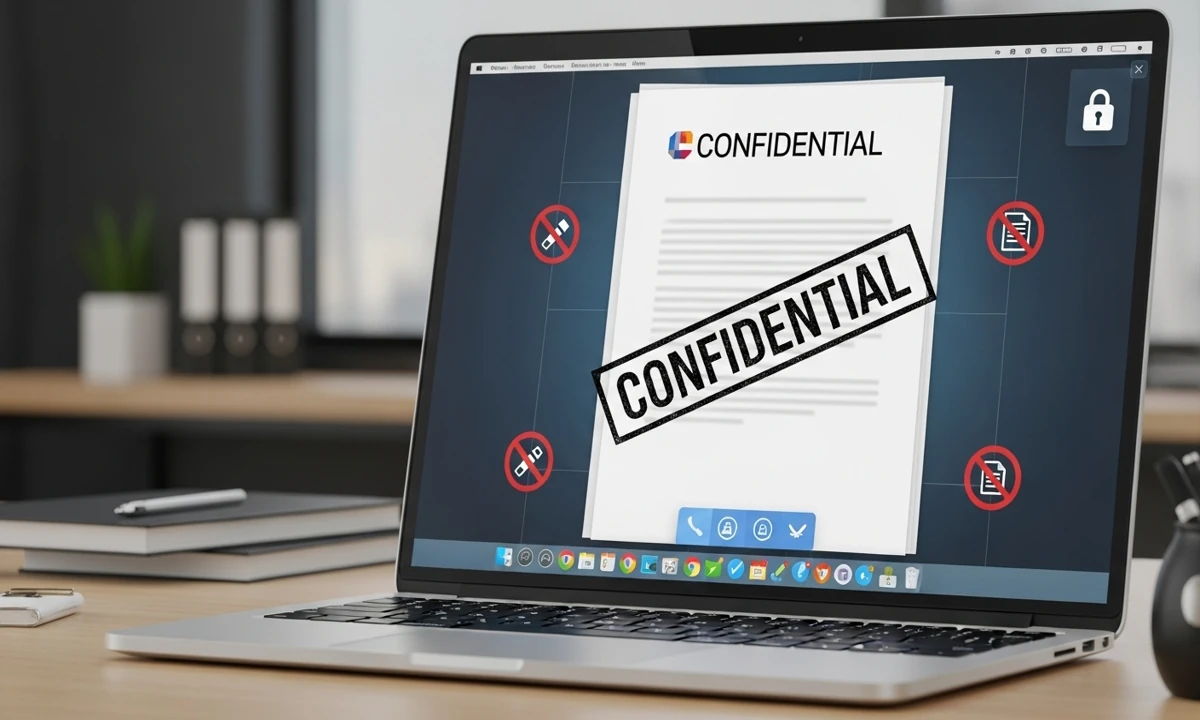 PDF with watermark and restricted actions, showcasing permission settings for secure access.